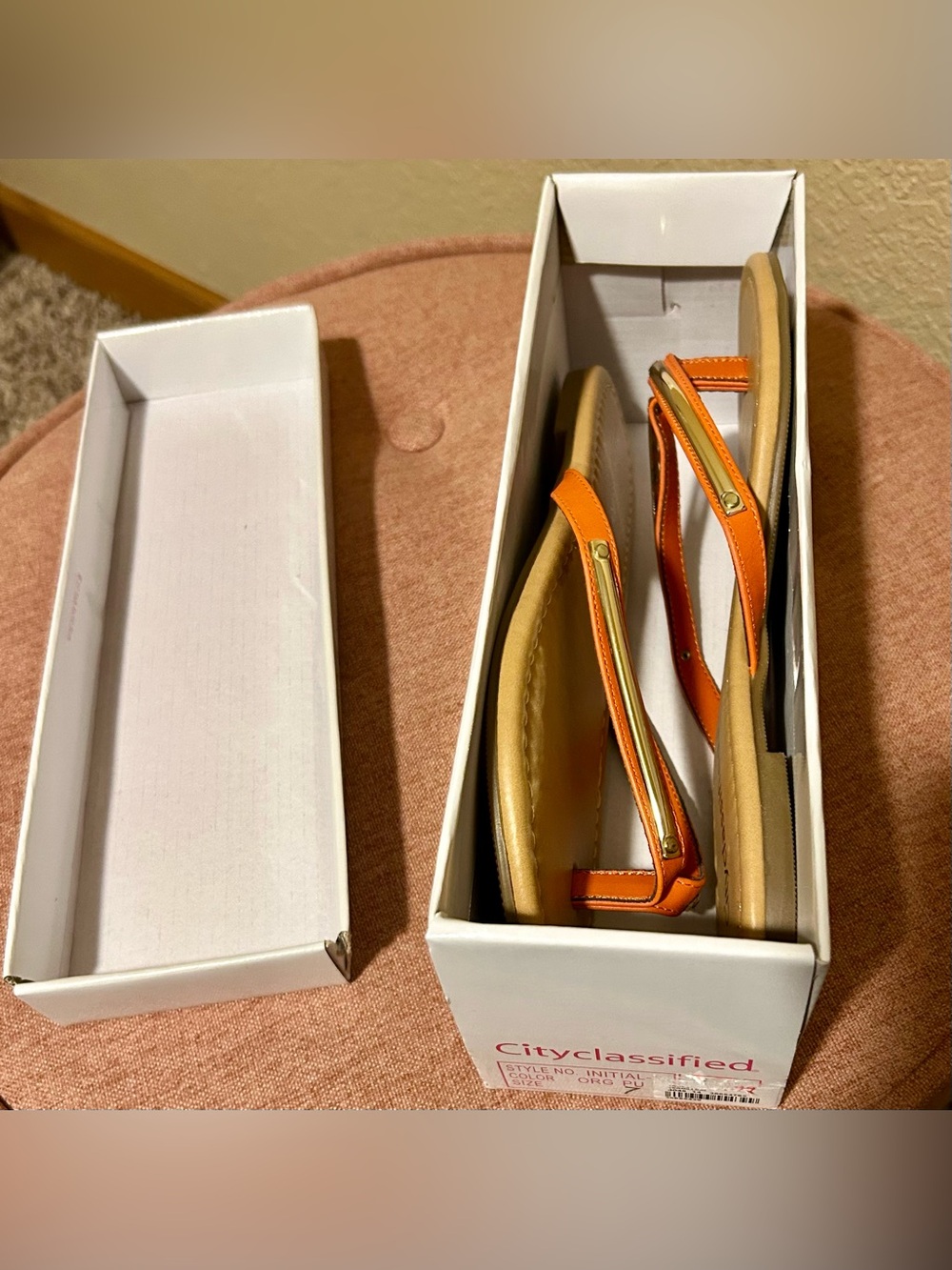 Cityclassified Orange Leather Thong Sandals with Gold Accents